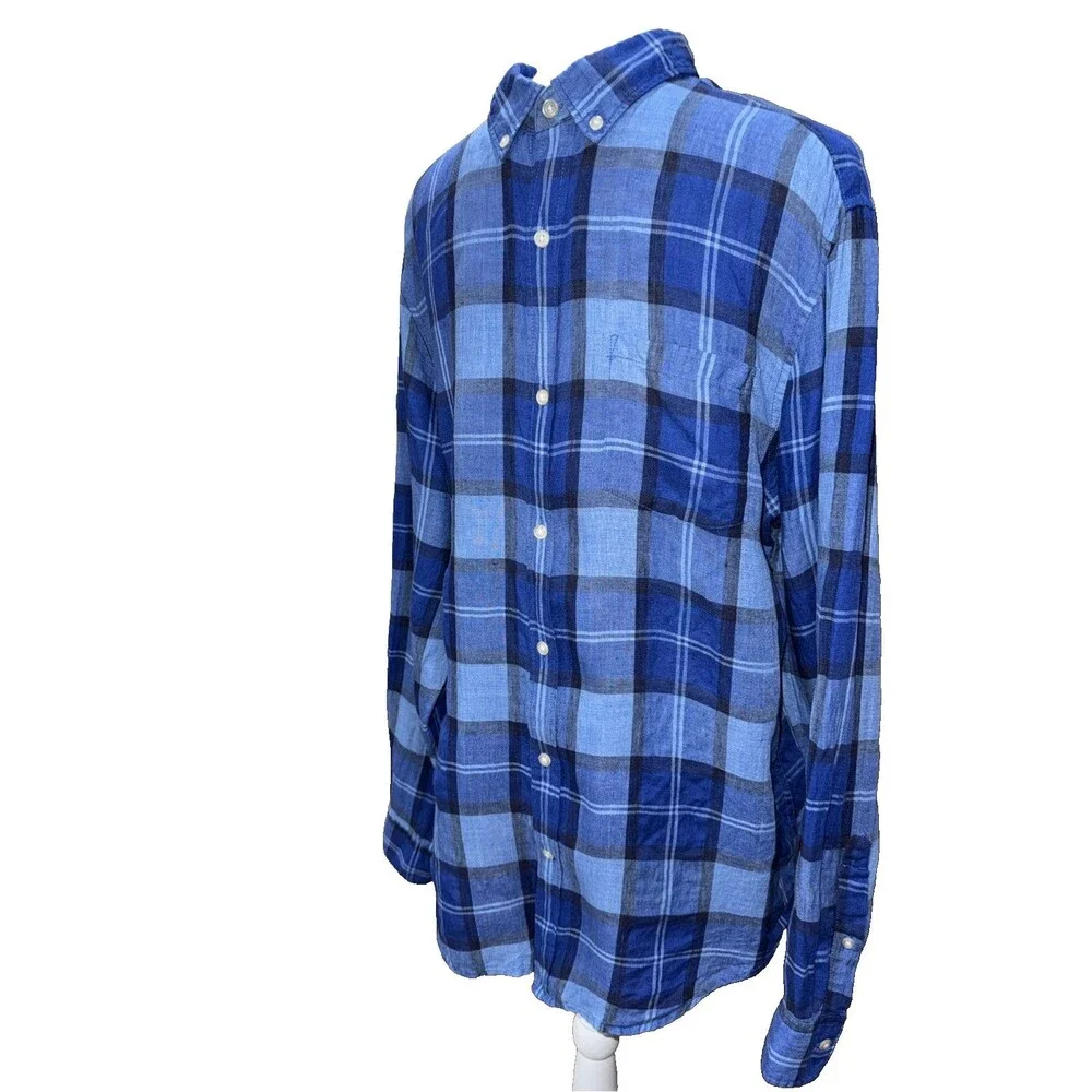 Banana Republic 100% Linen Shirt Blue Plaid Button Down Camden Fit Mens Size L